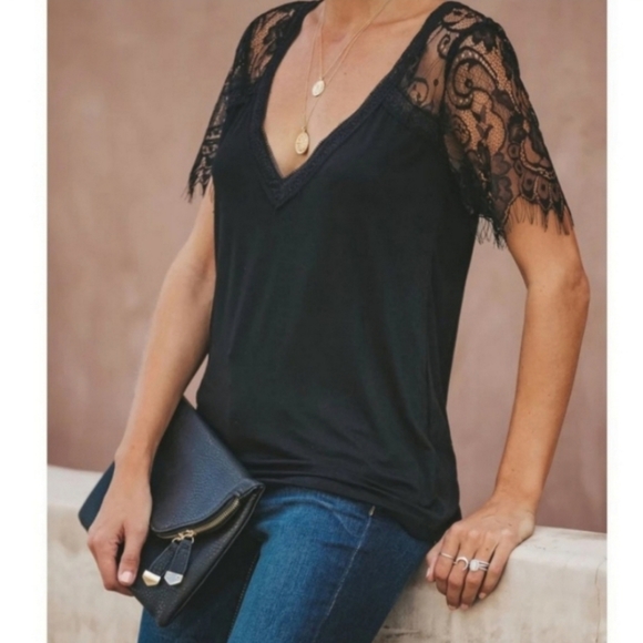 Black Lace Short Sleeve V-Neck Tee - Picture 2 of 8